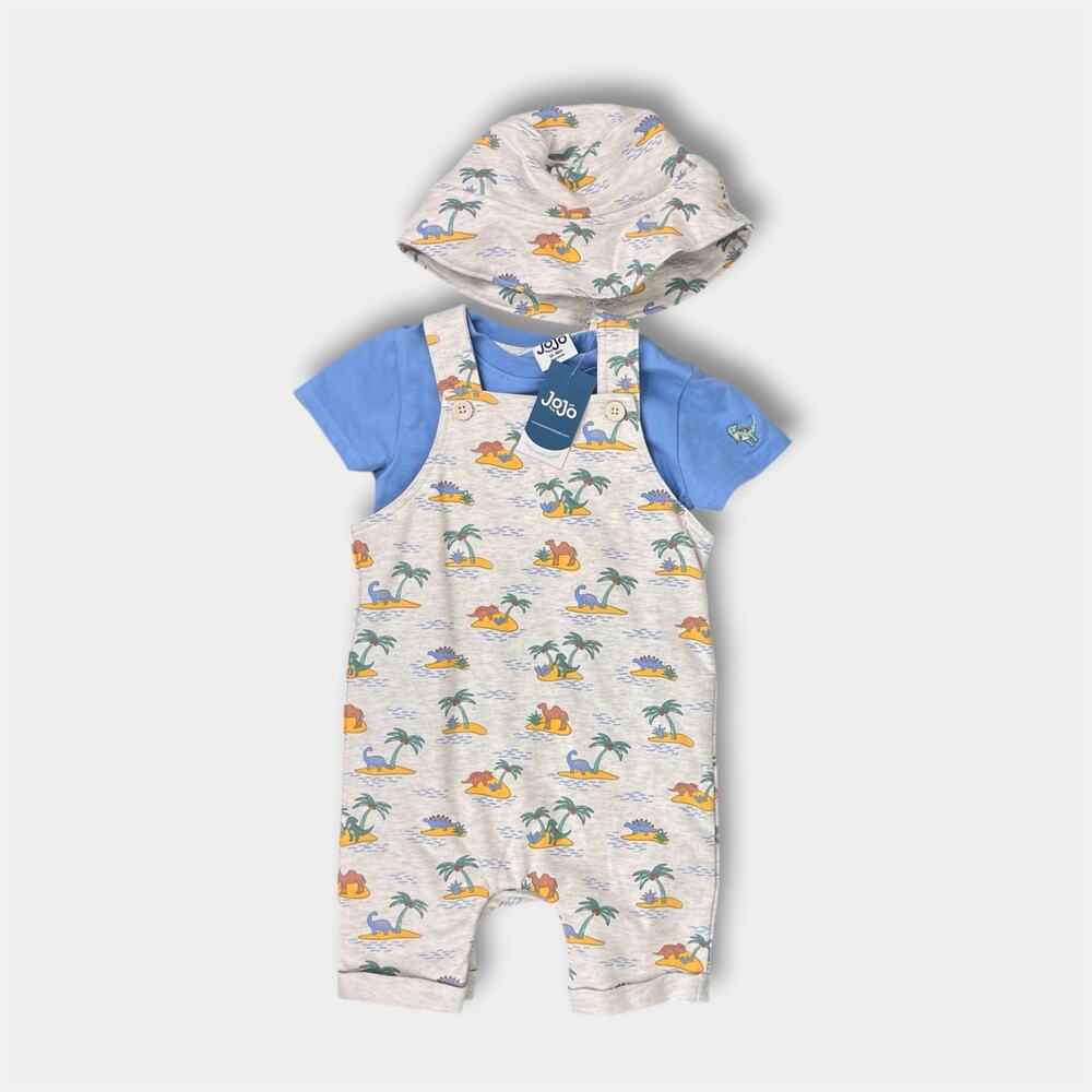 JoJo Maman 3 Piece Dino Dungarees & T-Shirt Set with Hat 12-18 Months NWT